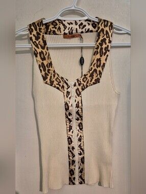 Belldini Cream Ribbed Tank with Leopard Trim Accent Sz.L NWT